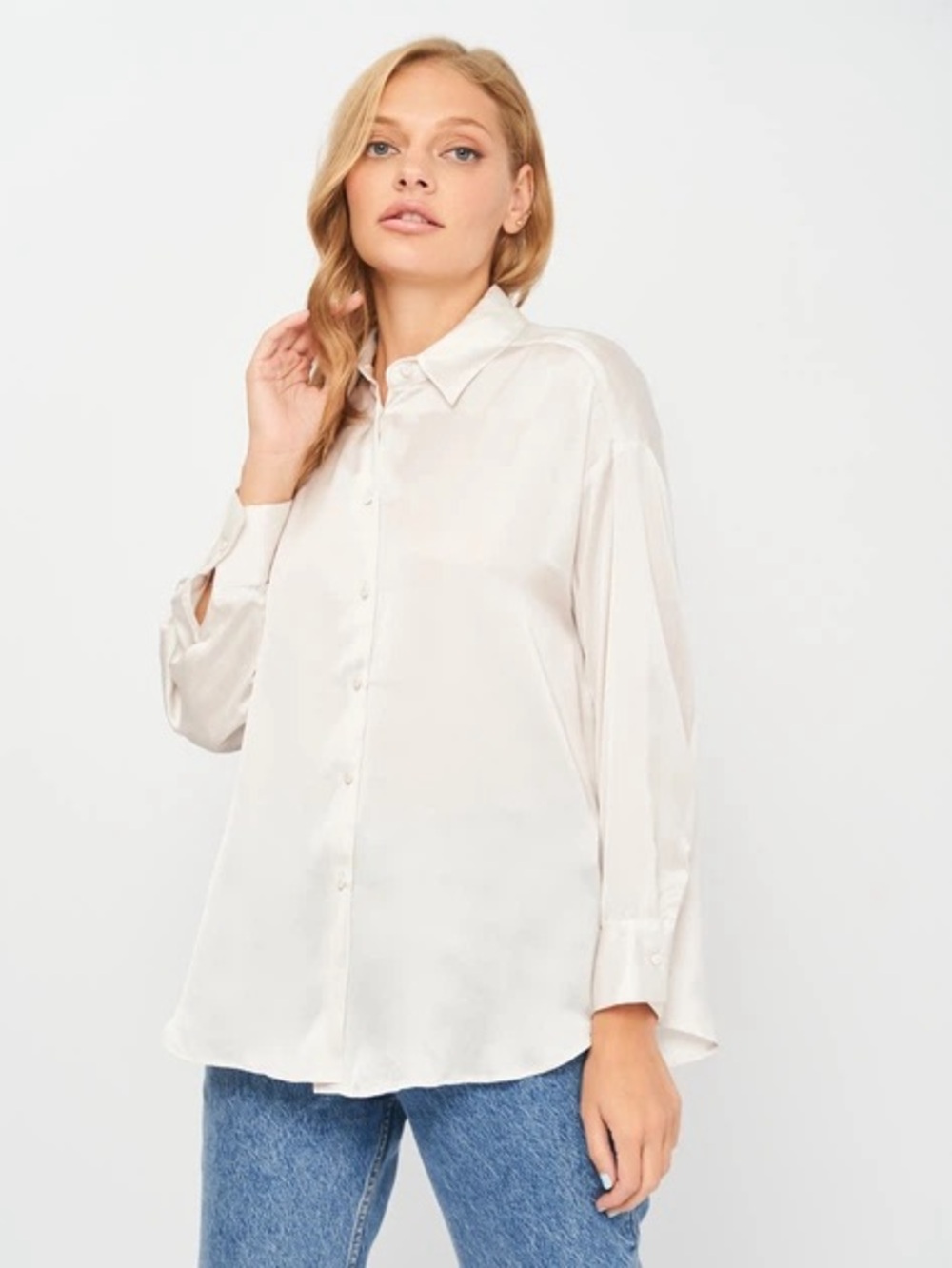 Zara Satin effect Button-Front Long Sleeve Shirt - White, size M